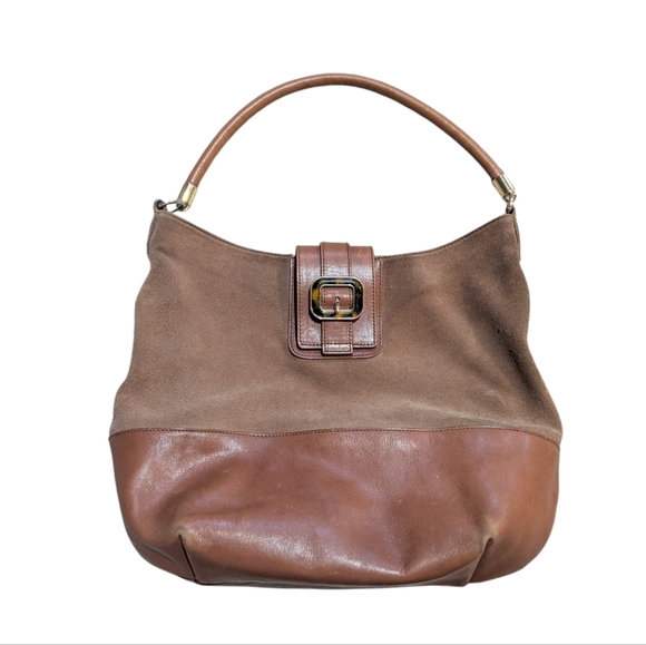 Talbots Camel Tan Leather Suede Hobo Bag Tortoiseshell Buckle Neutral - Picture 1 of 11